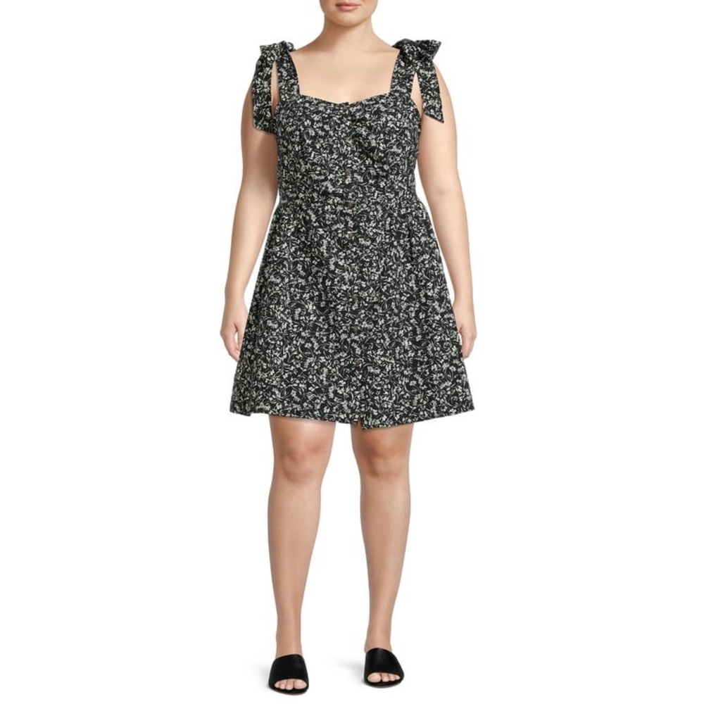 Terra & Sky Plus Size Black and White Floral Button Front Tie Strap Dress (2X)